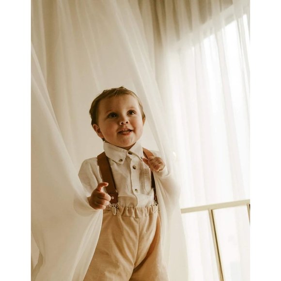 Boys Vintage Beige Grow with Me suspender shorts new - Picture 2 of 10